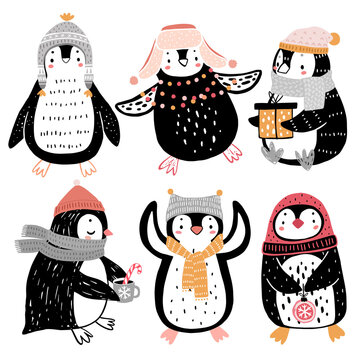 Fototapete - Cute penguins celebrating Christmas eve having fun, drinking tea. Funny characters.