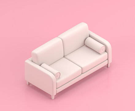 Isometric sofa 3d Icon in flat color pink room,single color white, cute toylike household objects, 3d rendering