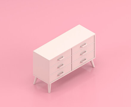 Isometric dresser 3d Icon in flat color pink room,single color white, cute toylike household objects, 3d rendering