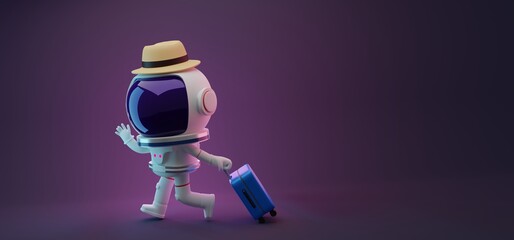 3d rendering concept illustration of astronaut character wearing a hat pulling luggage on dark color