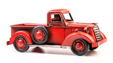 Red Pickup Truck. Old Vintage Metal Pickup Truck. Retro Car On White Isolated Background. 