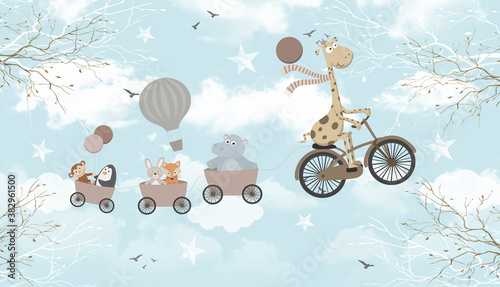 Fototapeta na szkło Children's photo Wallpaper, animals on balloons in the sky
