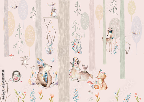 Fototapeta na szkło Wallpaper for children, magical forest with animals