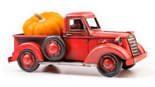 Red Pickup Truck With Pumpkin. Old Vintage Metal Pickup Truck. Retro Car On White Isolated Background. Farm Concept.