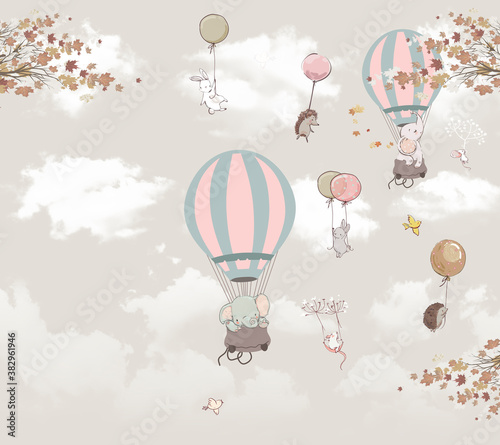 Fototapeta na szkło Children's photo Wallpaper, animals on balloons in the sky