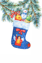 Blue Funny Xmas  Sock With Angel, Sweets And Gifts On The Christmas Tree. For New Year Cards, Banners, Tags And Labels. Watercolor Hand Drawn Painting Illustration Isolated On White Background.