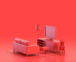 © markOfshell - miniature living room with tv and sofa in red background, monochrome single color red 3d Icon, 3d rendering