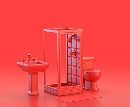 miniature bathroom with shower, sink and closet in red background, monochrome single color red 3d Icon, 3d rendering