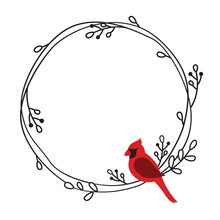 Vector Illustration Of A Red Cardinal Bird On A Round Doodle Wreath Frame.