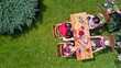© Iuliia Sokolovska - Family and friends eating together outdoors on summer garden party. Aerial view of table with food and drinks from above. Leisure, holidays and picnic concept