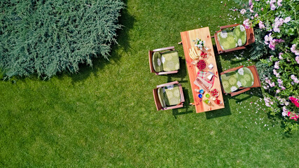 Wall Mural - Decorated table with cheese, strawberry and fruits in beautiful summer rose garden, aerial top view of table food and drinks setting outdoors from above. Leisure and picnic with family and friends
