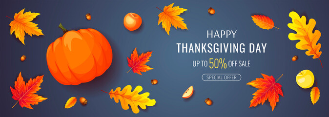 Wall Mural - Happy Thanksgiving Day promo sale banner or background with pumpkin, autumn leaves, apples. Vector illustration for poster, banner, special offer.