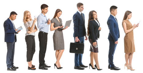 Business people waiting in line on white background