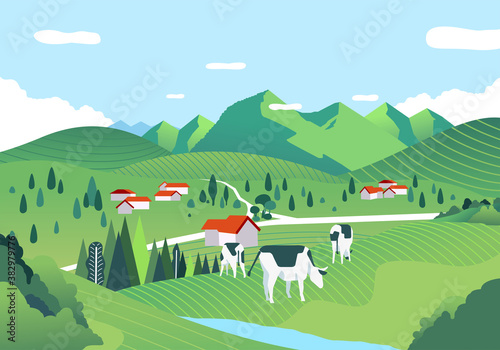 Fotografía beatiful landscape with a vast expanse of green field, hill and cows are grazing