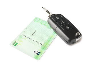 Wall Mural - Driving license with car key on white background