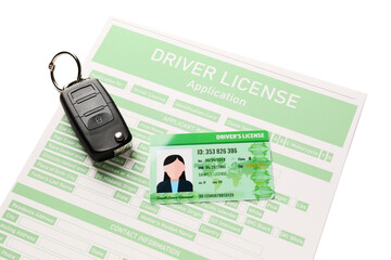 Wall Mural - Driving license with application form and car key on white background