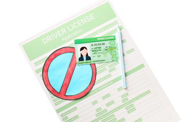 Wall Mural - Driving license with application form, pen and road sign on white background