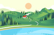 © yisar - vector illustration in flat style of house in the hill with lake and forest near. beautiful landscape illustration