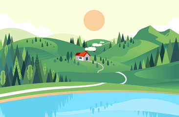 vector illustration in flat style of house in the hill with lake and forest near. beautiful landscap