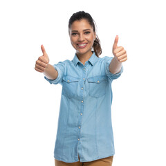 Wall Mural - positive smart casual woman gesturing ok with both hands, smiling