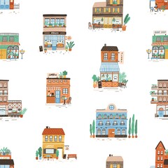 Fototapete - Seamless pattern with city commercial buildings in european style. Repeatable backdrop with shops, bakery and cafe. Flat vector illustration of decorated brick house facades with plants, awnings