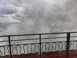 Wall Mural - Sea storm on Nervi, pathwalk, Genoa Liguria, Italy