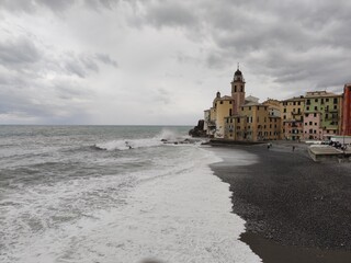 Wall Mural - Camogli, Liguria, Italy picturesque fishermen village during sea storm swell