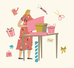 Wall Mural - Female Character Making and Packing Gifts for Holidays Celebration, Woman Wrapping Boxes with Decorative Paper and Bows