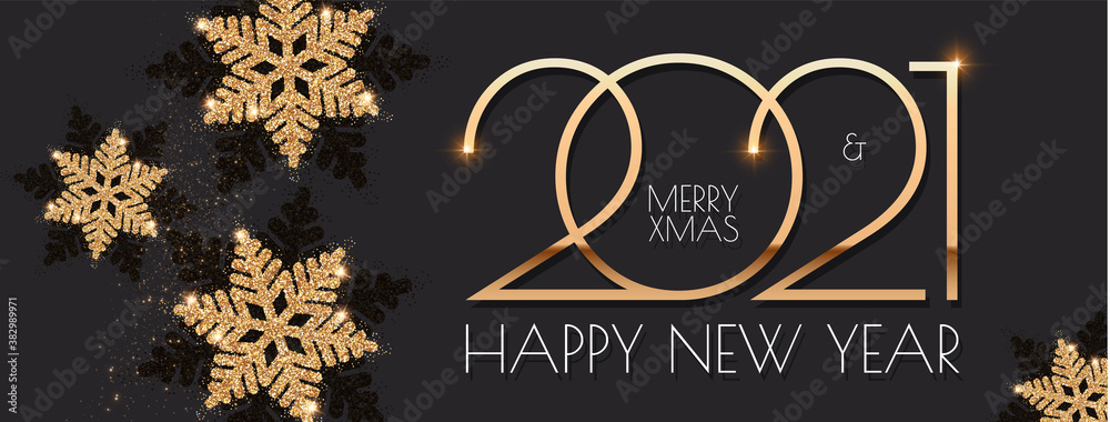Happy New 2021 Year Elegant holiday design template with gold shining snowflakes - obrazy, fototapety, plakaty 