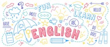 English Language Learning Concept Vector Illustration. Doodle Of Foreign Language Education Course For Home Online Training Study. Background Design With English Word Art Illustration
