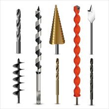 Vector Realistic Drill Bits And Auger For Various Types Of Materials On White Background. Drills For Metal, Wood And Tile. Professional Tools For Carpenter And Locksmith.