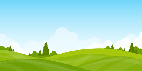 Mountain landscape lawn view green a nice day, clouds clear sky vector background