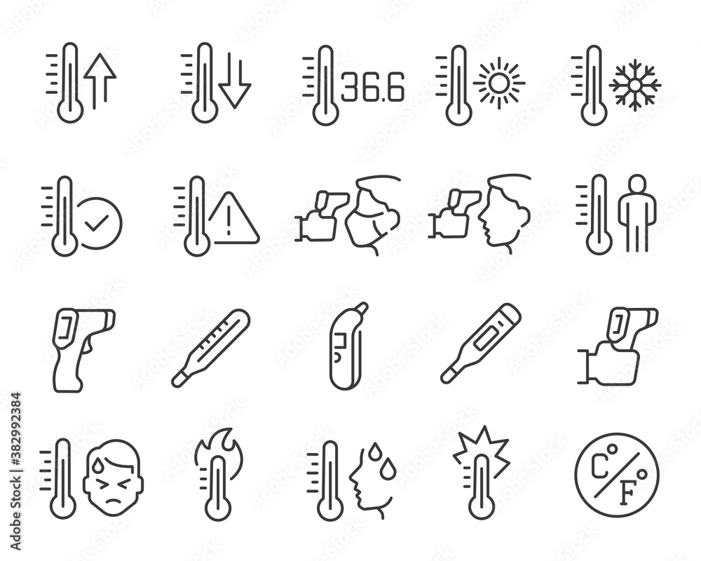 Temperature icons set. Collection of linear simple web icons such Thermometer and Pyrometer, Body Temperature Measurement, Elevated Temperature and others. Editable Vector Stroke  - obrazy, fototapety, plakaty 