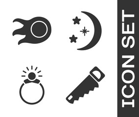 Poster - Set Hand saw, Fireball, Magic stone ring with gem and Moon and stars icon. Vector.