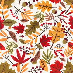 Aufkleber - Seamless pattern with autumn leaves and berries. Colorful repeatable backdrop with oak, rowan and maple leaves and acorns for wrapping paper. Flat vector cartoon illustration of bright fall foliage