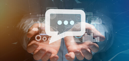 Poster - View of a Businessman holding a message icon with data in background - 3d rendering