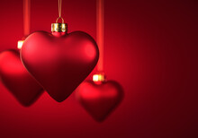 Group Of Three Christmas Ornaments In Heart Shape.