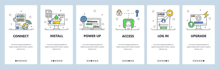 Wireless internet connection, file access and upgrade. Mobile app onboarding screens, vector website banner template.