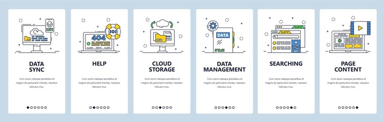Data sync, cloud storage, page content, 404 error. Data management. Mobile app screens, vector website banner template.