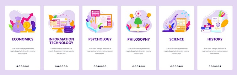 Poster - study economics, it, psychology, philosophy, history. mobile app screens, vector website banner temp