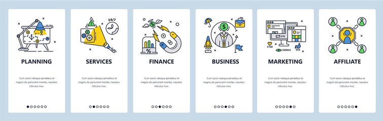 Poster - Business planning, finances, services and marketing. Mobile app screens, vector website banner template.