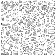 Vector set of recyclable items. Black and white collection of objects on the theme of garbage and environmental pollution