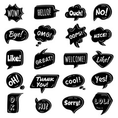 Sticker - Talking phrase. Speech bubbles circle shapes with dialogue simple phrase vector text areas collection. Illustration bubble talk message, text speech balloon