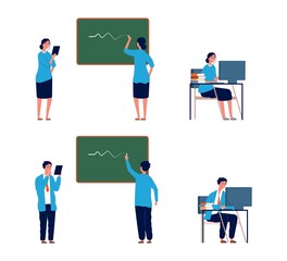 Poster - Teacher activities. Male female professors, flat college or school lectors. Persons writing on chalkboard, working with computer vector illustration. Teacher education at school or university