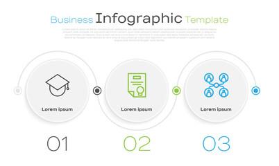Aufkleber - Set line Graduation cap on globe, Certificate template and Online class. Business infographic template. Vector.