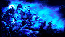 An Army Of Undead On Ghostly Horses In Broken Armor Rushes Forward Into Battle, Knights, Zombies, Swordsmen And Cavalry Move In A Single Stream Of Undead. 2D Illustration.