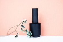 Single Bottle Of Black Nail Polish Gel With Sprig Of Flowers