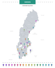 Wall Mural - sweden map with location pointer marks. infographic vector template, isolated on white background.