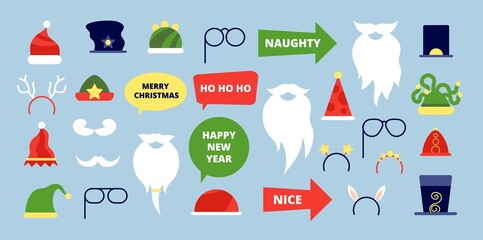 Sticker - Christmas photo props. Event accessories, photobooth holiday festival elements. New year xmas santa beard moustache hat vector illustration. Christmas photo booth party, xmas photobooth