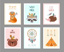 Be Brave Posters. Woodland Wild Animals, Tribal Arrows Child Fun Birthday Card. Happy Forest Adventure Raccoon Fox Deer Vector Illustration. Tribe Raccoon And Grizzly, Wild Indian Hedgehog